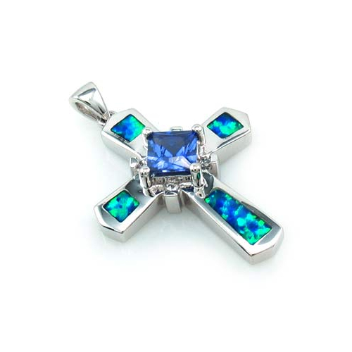 Australian Opal Cross Pendant with Tanzanite