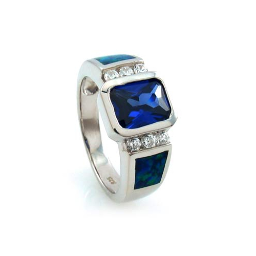 Emerald Cut Tanzanite and Opal Ring in Sterling Silver
