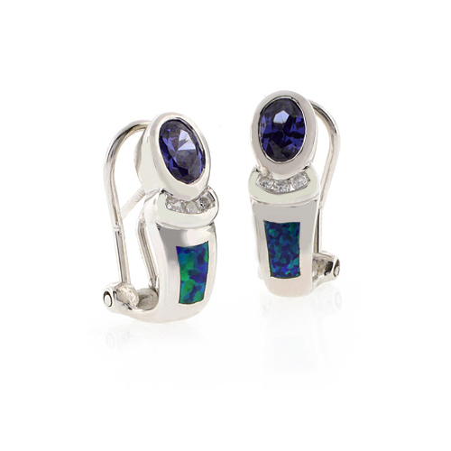 Blue Opal Oval Cut Tanzanite Silver Earrings
