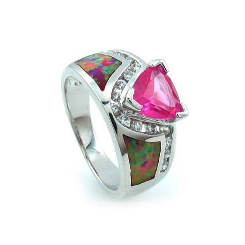 Bezel Set Opal and Red Ruby Ring in Sterling Silver with White Gold Plating